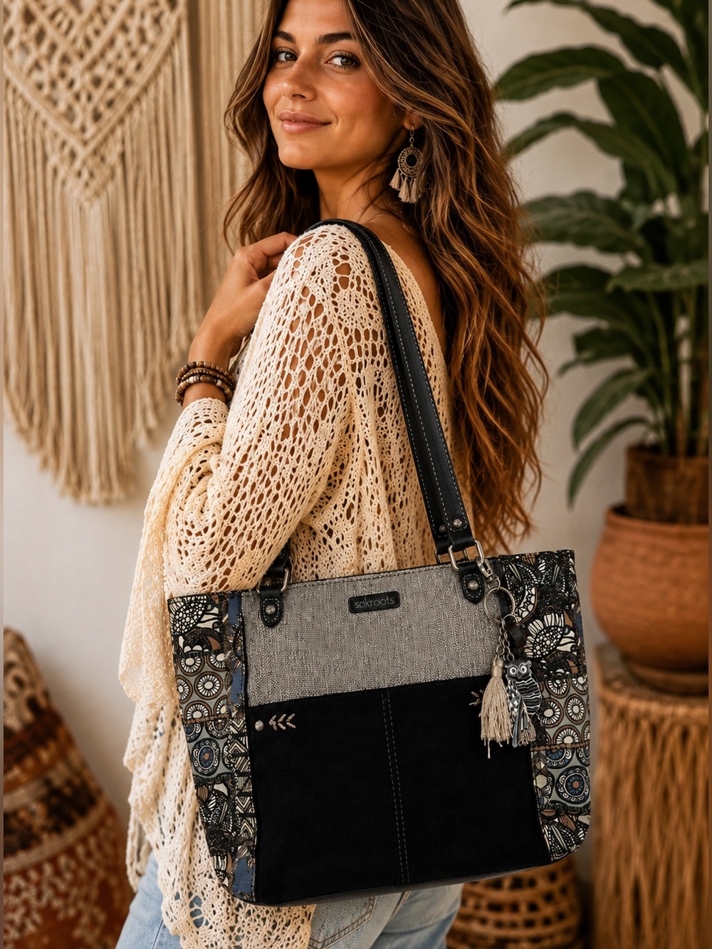 EUC Sakroots Metro Woven Soulful Desert Tote Owl Charm Boho Bag